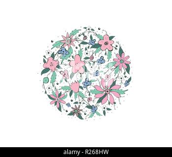 Fleurs et feuilles sauvages badge rond. Style Doodle composition cercle isolé sur fond blanc. Illustration vectorielle. Illustration de Vecteur