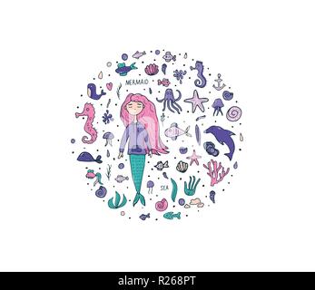 Badges ronds de la sirène et la mer situé dans doodle style. Vector illustration. Illustration de Vecteur