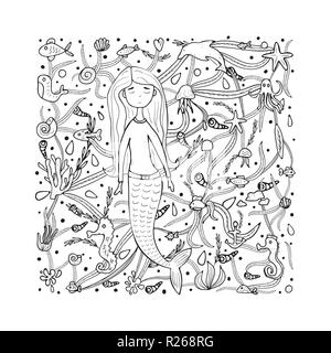 Situé dans la mer et Mermaid style doodle. Composition de symboles carrés sous l'eau. Vector illustration. Illustration de Vecteur