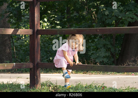 Petite fille blonde en robe rose grimpant sur la clôture en bois dans la journée d'été sur le fond de la forêt. Vocation dans le village. Bébé d'un an à pied Banque D'Images