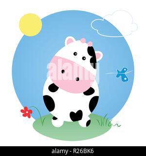 Cute vache blanche avec dessin animé sports noir, sur une prairie avec le papillon et une fleur, en face de l'ciel bleu ensoleillé Illustration de Vecteur