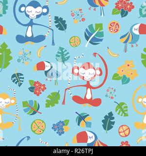 Méditer avec les singes, toucans, feuilles et fleurs sur fond bleu. Modèle vectoriel continu. Parfait pour le marché pour les enfants - tissu, peint Illustration de Vecteur