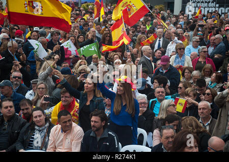 Les partisans de l'extrême droite du parti espagnol VOX sont vus en agitant les drapeaux espagnols durant la campagne des élections régionales en Andalousie. Banque D'Images