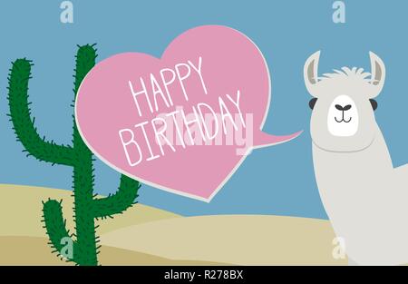 Joyeux anniversaire carte de vœux en forme de cœur et de lama speech bubble Illustration de Vecteur