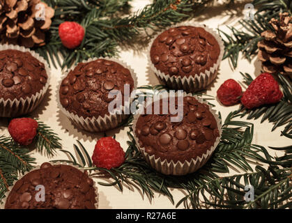 Cinq éclats de chocolat cupcakes en papier, quelques framboises parfait rouge, deux cônes de pin et quelques branches de pins verts Banque D'Images