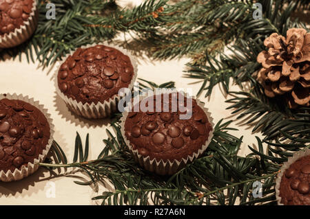 Cinq éclats de chocolat cupcakes en papier, un cône de pin et quelques branches de pins verts Banque D'Images