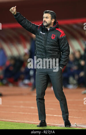 Christian Panucci gestionnaire de l'Albanie au cours de l'UEFA Ligue des Nations Unies, Groupe C1 match à la Loro Borici Stadium, Shkoder. Banque D'Images