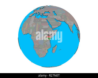 Le Kenya avec drapeau national intégré sur blue globe 3D politique. 3D illustration isolé sur fond blanc. Banque D'Images