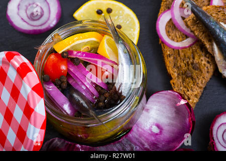 Les Anchois de sel accueil dans la marinade de décapage de vinaigre, citron, huile d'olive et de sel de mer avec oignons rouges et de poivre assortis Servis sur pain de seigle Banque D'Images