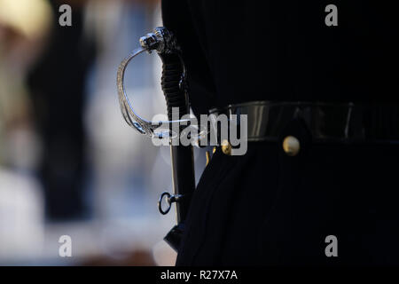 Détails avec l'épée et uniforme d'un soldat de la garde d'honneur de participer à une cérémonie officielle dans un cimetière des anciens combattants Banque D'Images