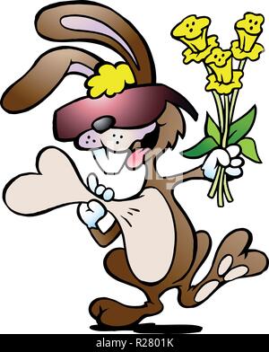 Vector illustration dessinée à la main d'un lapin heureux avec un bouquet de jonquilles Illustration de Vecteur