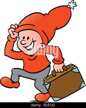 Vector illustration dessinée à la main d'un lutin de Noël heureux tournant avec une valise Illustration de Vecteur