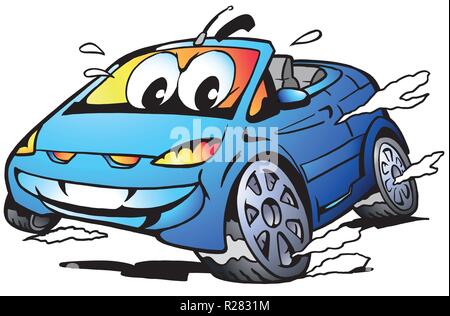 Cartoon Vector illustration d'une voiture de sport bleue Mascot racing à plein régime Illustration de Vecteur