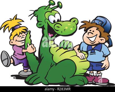 Cartoon Vector illustration d'un dinosaure s'amusant avec les enfants Illustration de Vecteur