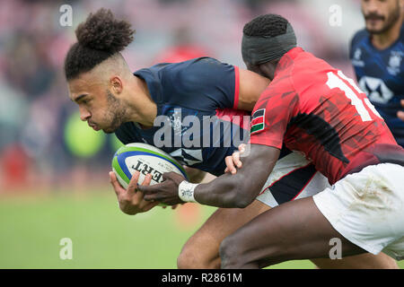 17 novembre 2018, la France (France), Marseille : Qualification pour la Coupe du Monde de Rugby 2019 au Japon entre Hong Kong et le Kenya le 17.11.2018 à Marseille. Max Danemark (Hong Kong, 11) tente d'ong Kong contre Tony Onyango Opondo (Kenya, 15). Photo : Jürgen Kessler/dpa Banque D'Images