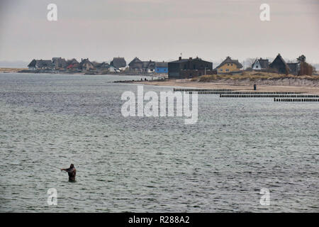 Heiligenhafen, Allemagne. 10 Nov, 2018. Un pêcheur se place en avant de la toile des maisons de Graswarder dans les eaux peu profondes de la mer Baltique. La ville portuaire sur la mer Baltique dans le district de Ostholstein est une sea spa. Principale source de revenus a également été depuis les vastes investissements dans l'infrastructure du tourisme. Credit : Soeren Stache/dpa-Zentralbild/ZB/dpa/Alamy Live News Banque D'Images