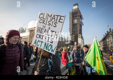 Londres, Royaume-Uni. 17 novembre, 2018. Les défenseurs de l'Extinction, rébellion, bloquer le pont de Westminster, l'un des cinq ponts bloqués dans le centre de Londres, dans le cadre d'un événement pour souligner la Journée de la rébellion criminelle "l'inaction face au changement climatique et catastrophe catastrophe écologique" par le gouvernement britannique dans le cadre d'un programme de désobéissance civile au cours de laquelle des dizaines de militants ont été arrêtés. Crédit : Guy Josse/Alamy Live News Banque D'Images