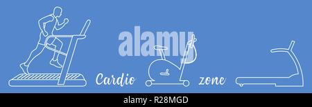Temps de conditionnement physique et les sports. Mode de vie sain. L'homme impliqués dans le sport, tapis de course, vélo d'exercice. Illustration de Vecteur