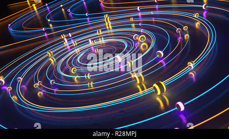 Sphères lumineux se déplaçant le long des lignes lumineuses tourbillonnait. 3D illustration Banque D'Images