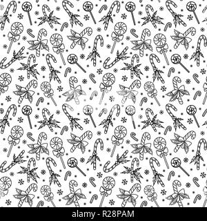 Modèle sans couture de Noël avec des cannes de bonbon et sucettes. Hand drawn doodle style. Vector illustration noir et blanc. Isolé sur fond blanc. Parfait pour du papier d'emballage et des pages à colorier Illustration de Vecteur