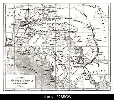 Ancienne carte de Henri Mouhot itinéraire d'exploration dans le sud-est de l'Asie. Par Erhard et Bonaparte, publ. sur le Tour du Monde, Paris, 1863 Banque D'Images