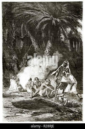 Vieille illustration des peuples plongée dans un bien de réparer en Ouagla, Algérie. Par Couverchel, publ. sur le Tour du Monde, 1863 Banque D'Images