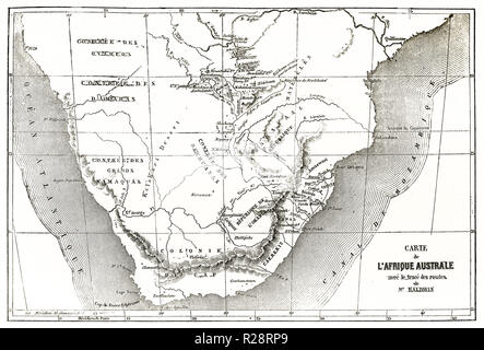 Carte ancienne de l'Afrique australe. Par Erhard et Bonaparte, publ. sur le Tour du Monde, Paris, 1863 Banque D'Images