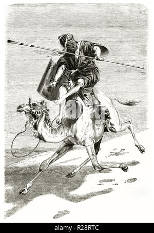 Illustration d'un vieux guerrier touareg dos de chameaux, de l'Algérie. Par Couverchel, publ. sur le Tour du Monde, Paris, 18631863 Banque D'Images