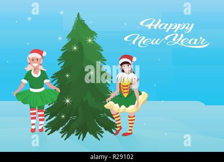 Deux filles costume elf près de sapin Bonne Année Joyeux Noël concept plate horizontale Illustration de Vecteur