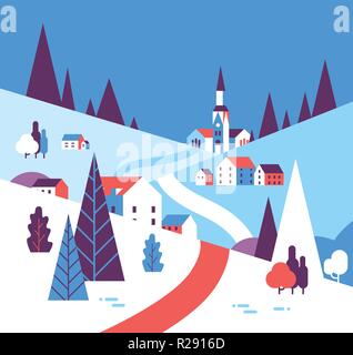 Maisons de village hiver montagne paysage collines télévision d'arrière-plan Illustration de Vecteur