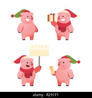 Définir les porcs mignon symbole de 2019 Joyeux Noël Nouvel an chinois isolés concept de vacances télévision Illustration de Vecteur