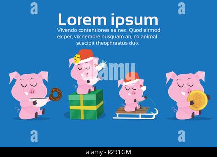 Les porcs mignon symbole de nouvel an chinois 2019 différentes poses joyeux noël fêtes concept plate horizontale copy space Illustration de Vecteur
