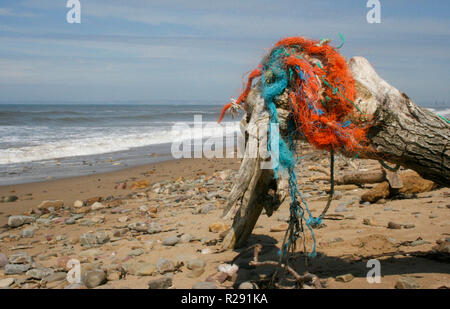 Un grand morceau de bois flotté échoué sur une plage dans le sud du Pays de Galles, UK avec de vieux cordages de pêche/ordures détritus attaché à lui. Banque D'Images