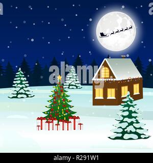 Vue urbaine avec un arbre de Noël et cadeaux Illustration de Vecteur