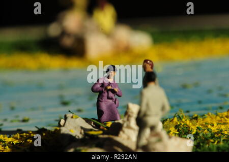 Figures miniatures la femme et l'homme de prendre les photos au bord du lac Banque D'Images