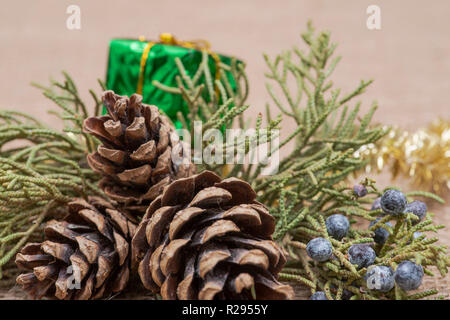 Maison de vacances d'hiver décoration : les rameaux de genévrier, décoration de Noël et de guirlandes garland sur fond de toile. Banque D'Images