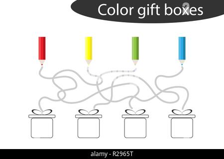 Jeu Labyrinthe Labyrinthe de Noël, et la coloration des boîtes-cadeaux, pour les enfants d'âge préscolaire de l'activité Feuille de tâche, pour le développement de la pensée logique, vector Illustration de Vecteur