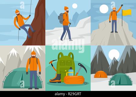 Matériel d'Alpinisme homme bannière concept défini. Illustration de télévision 6 Matériel d'alpinisme homme bannière vecteur concepts horizontale pour le web Illustration de Vecteur