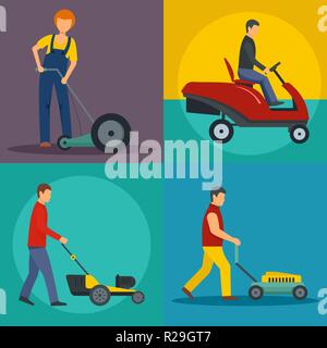 Tondeuse à gazon garden service bannière concept défini. Télévision illustration de 4 tondeuse à gazon garden service bannières vecteur concepts horizontale pour le web Illustration de Vecteur