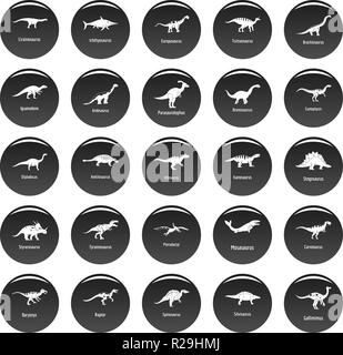 Types de dinosaures nom signé icons set. Illustration simple de 25 types de dinosaures nom signé icônes vectorielles isolé noir Illustration de Vecteur