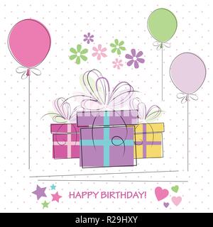 Carte heureux anniversaire avec des cadeaux, des arcs, des fleurs et des baloons sur white dotted background Illustration de Vecteur