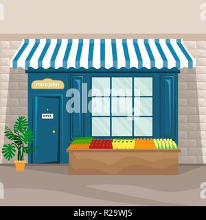 Vector illustration de télévision supérette façade dans le style rétro avec compteur avec des légumes et des fruits dans la rue. Illustration de Vecteur