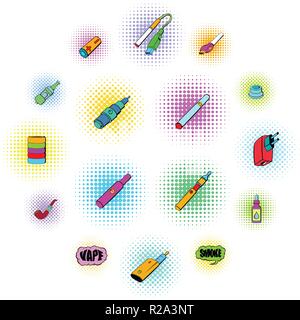 E-cigarette icons set dans un style comics isolated on white Illustration de Vecteur