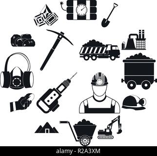 Les icônes d'extraction simple ensemble avec marteau bulldozer camion mineur Illustration de Vecteur