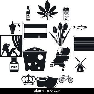 Pays-bas icons set en noir style simple pour toute conception Illustration de Vecteur