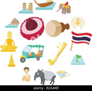 Thaïlande icons set dans un style de dessin animé sur un fond blanc Illustration de Vecteur