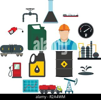 Industrie pétrolière télévision icons set. Symboles colorés de carburant avec de longues ombres Illustration de Vecteur