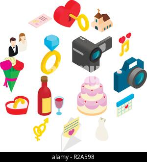 Célébration de mariage et l'amour en 3D isométrique icons set. Avec chapelle et joints toriques sur fond blanc Illustration de Vecteur