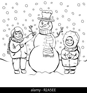 Les enfants font le Snowman, coloriage, dessin, caricature contour linéaire vector illustration noir et blanc, maison de l'arrière-plan. Mignon peint un garçon et fille Illustration de Vecteur