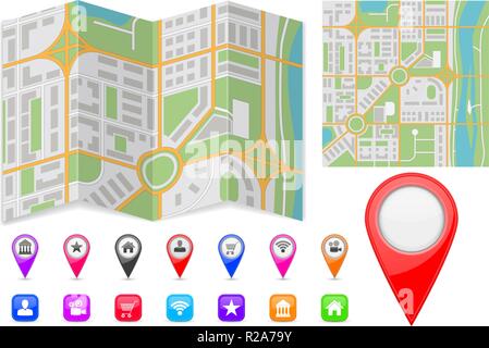 Résumé Plan de ville, avec des points et des icônes Illustration de Vecteur